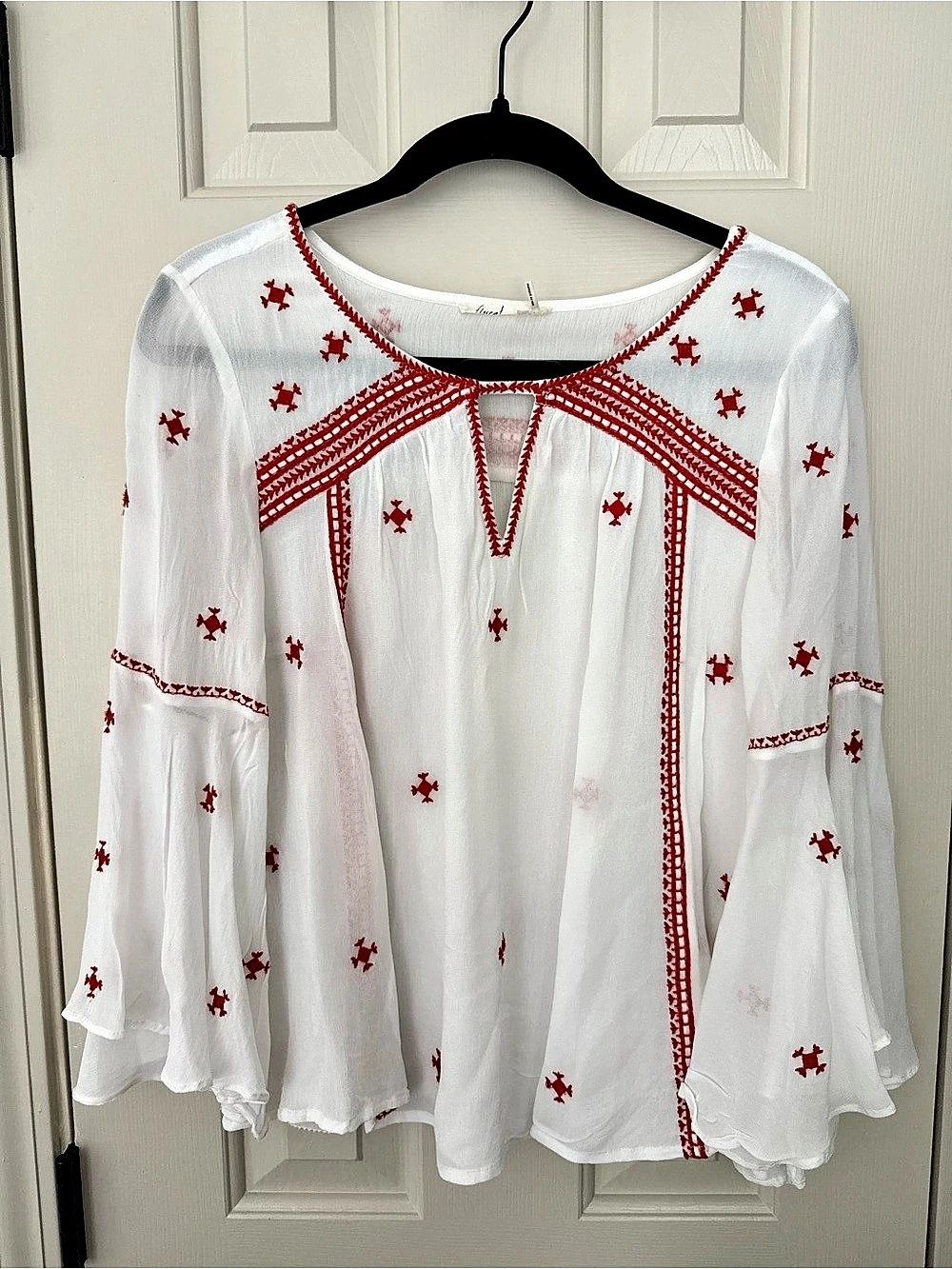 Anthropologie Floreat Embroidered Adena Floral Blouse in White & Red